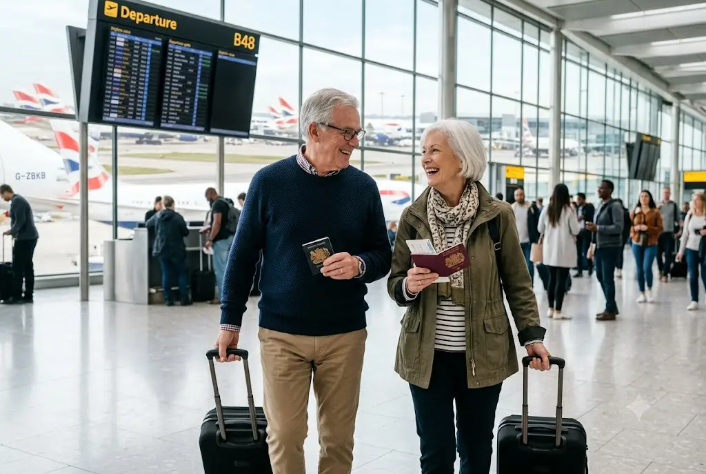 Senior couple using travel insurance for over 70s with medical conditions before an overseas holiday