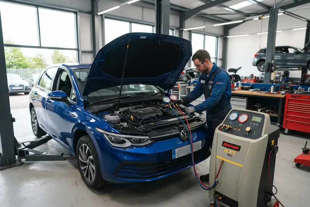 Auto air conditioning service being performed on a car in a professional UK garage