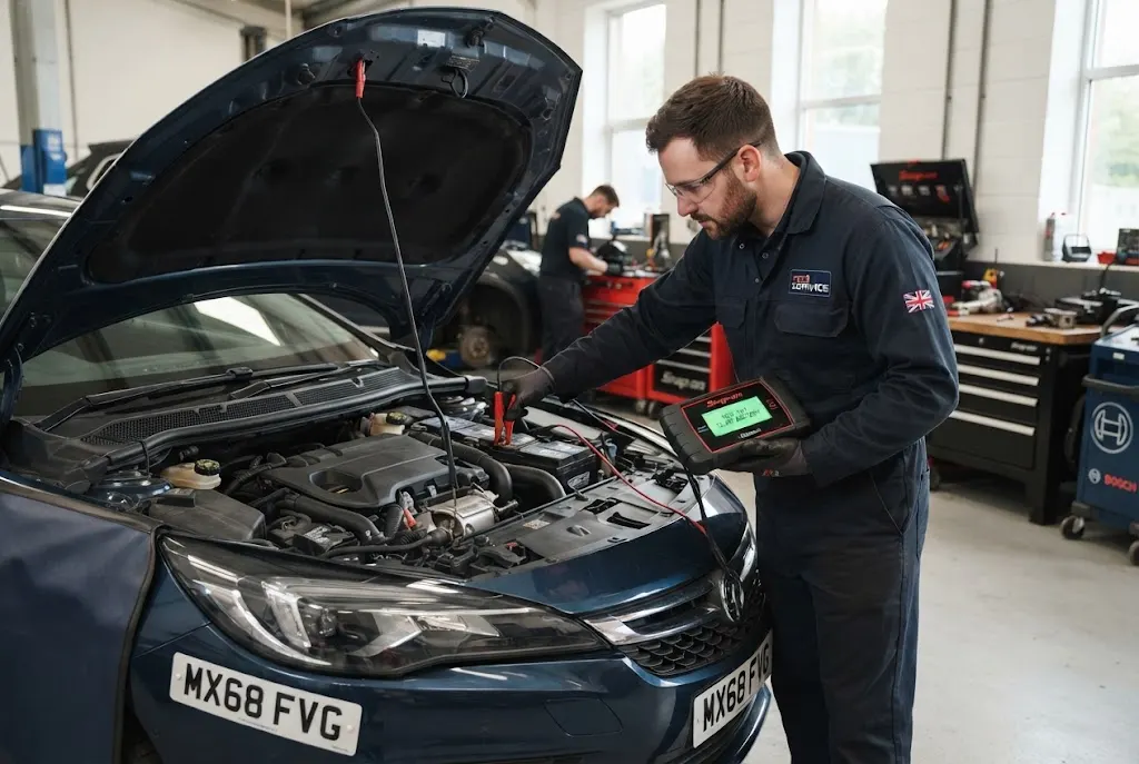 Auto battery service and battery testing performed by a professional UK mechanic