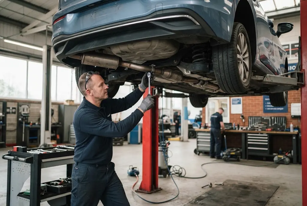 Auto exhaust repair and exhaust inspection on a car