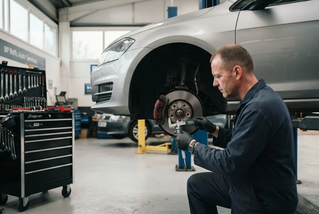 Brake repair inspection with brake pads and discs in an automotive workshop