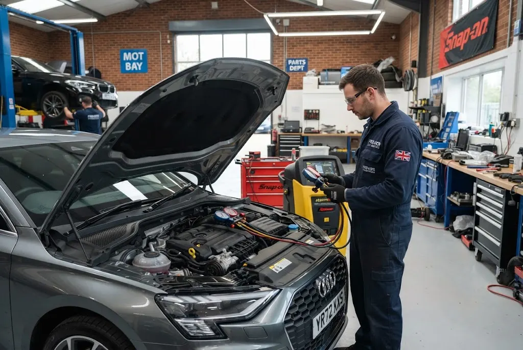 Car air conditioning repair being carried out by a professional UK technician