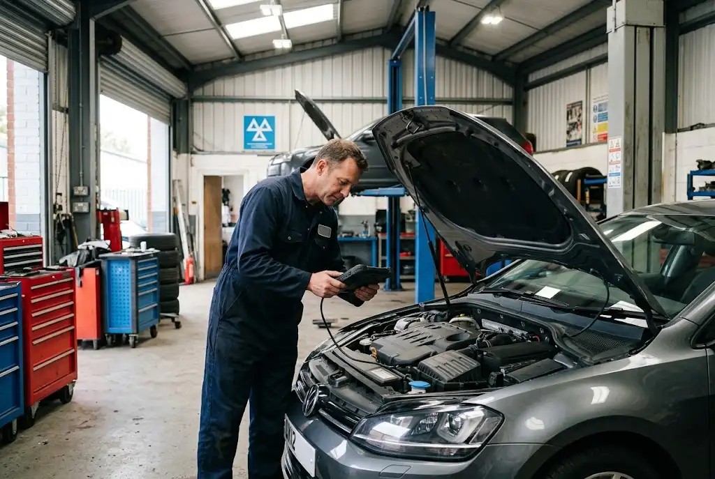 Car mechanic garage with a professional mechanic inspecting a vehicle