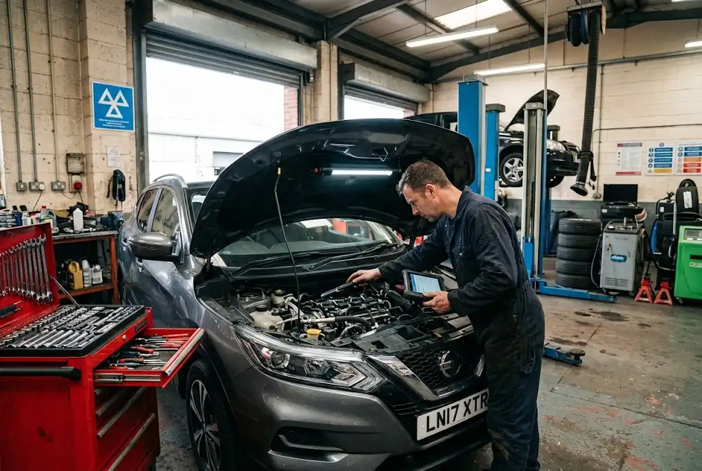 Car mechanic garage with a professional UK mechanic inspecting a vehicle