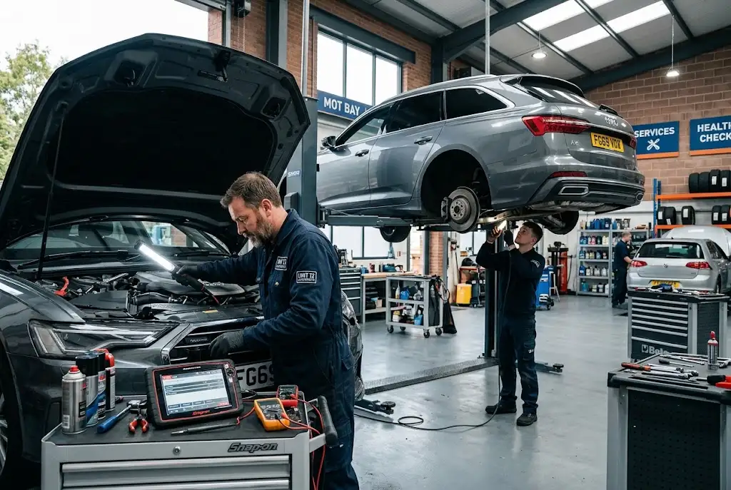 3. Full, Interim & Major Car Service Full car service being carried out at a professional UK auto garage