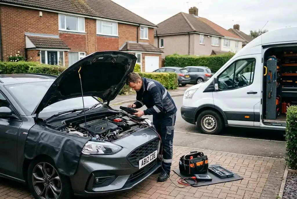 Mobile auto service mechanic servicing a car at home