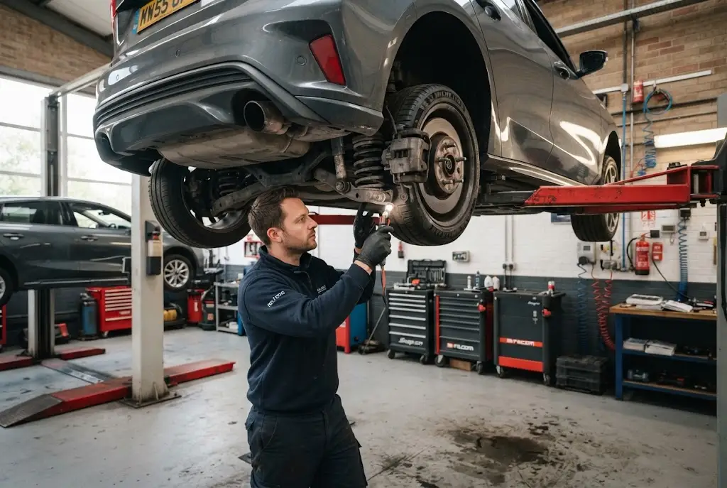 Suspension repair and suspension inspection on a car in an automotive workshop