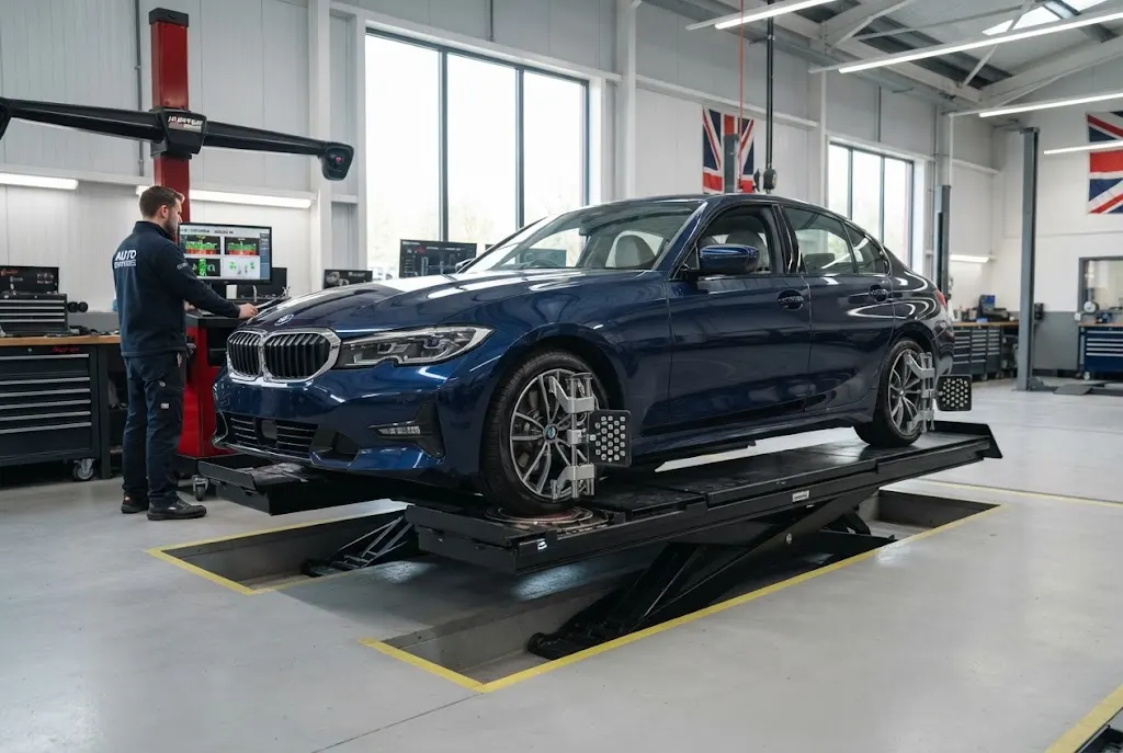 Wheel alignment service with tracking adjustment on a car