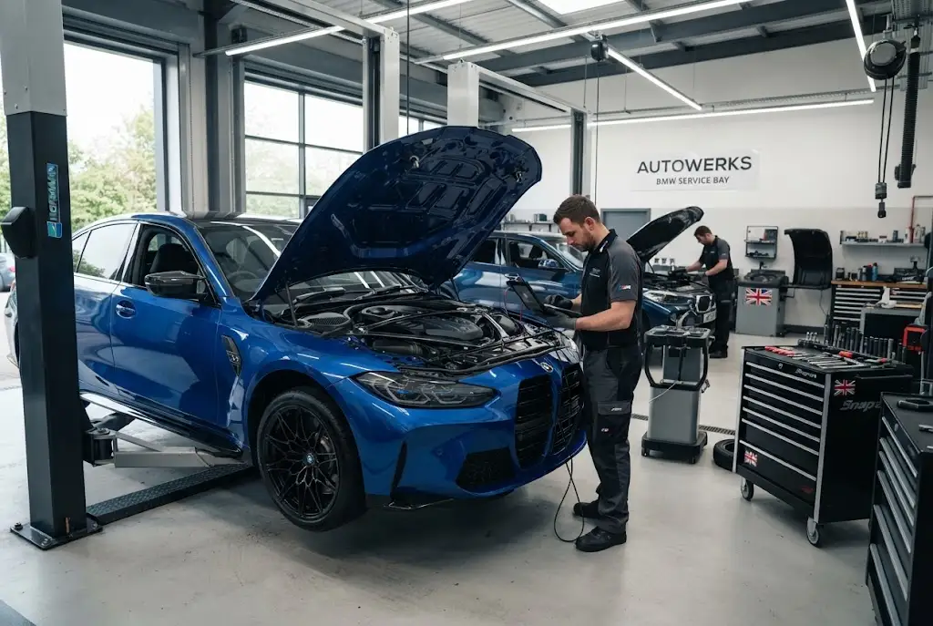BMW service being carried out at a professional UK automotive workshop