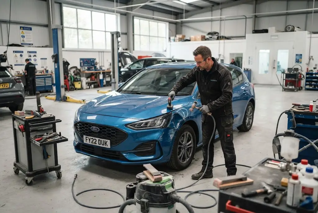 Car body repairs being carried out at a professional UK vehicle body shop