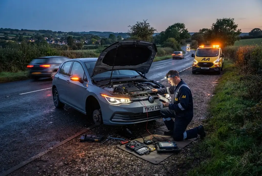 Emergency vehicle repair by a roadside mechanic in the UK