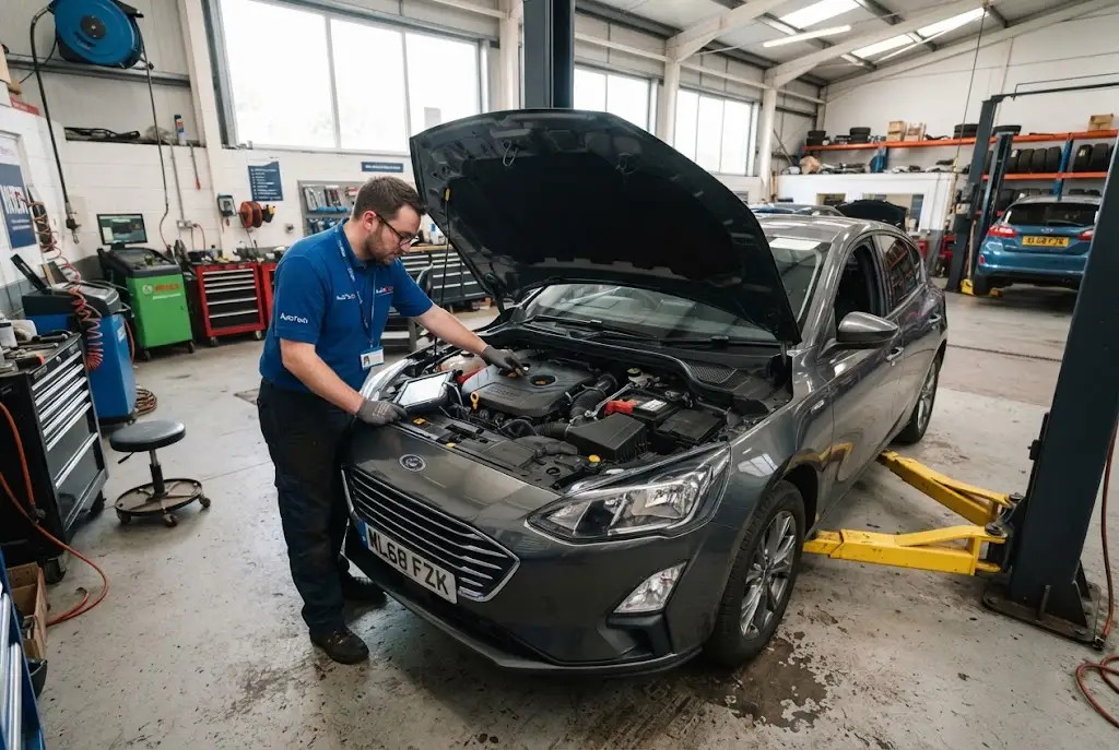 Ford service being carried out at a professional UK automotive workshop