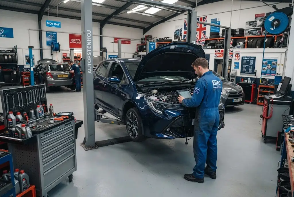 Toyota service being carried out at a professional UK automotive workshop